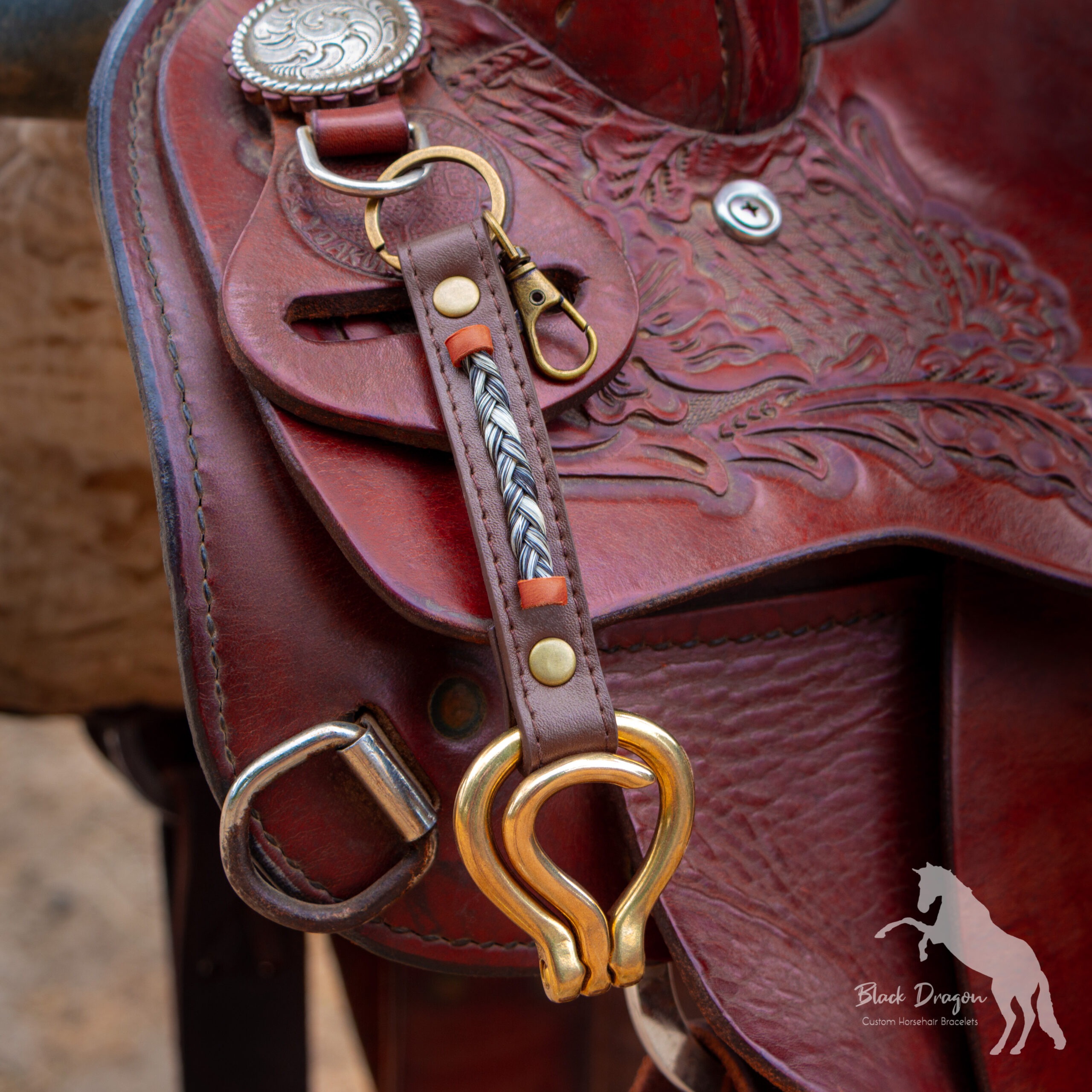 Chocolate Brown Leather Horsehair Clip On Folding Hoof Pick on western saddle
