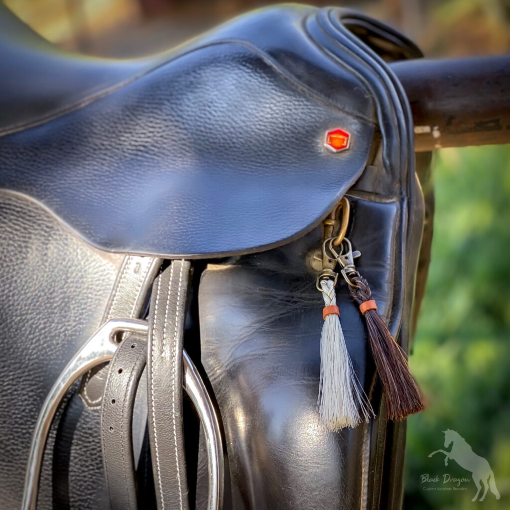 Horsehair Tassel Keychains on dressage saddle
