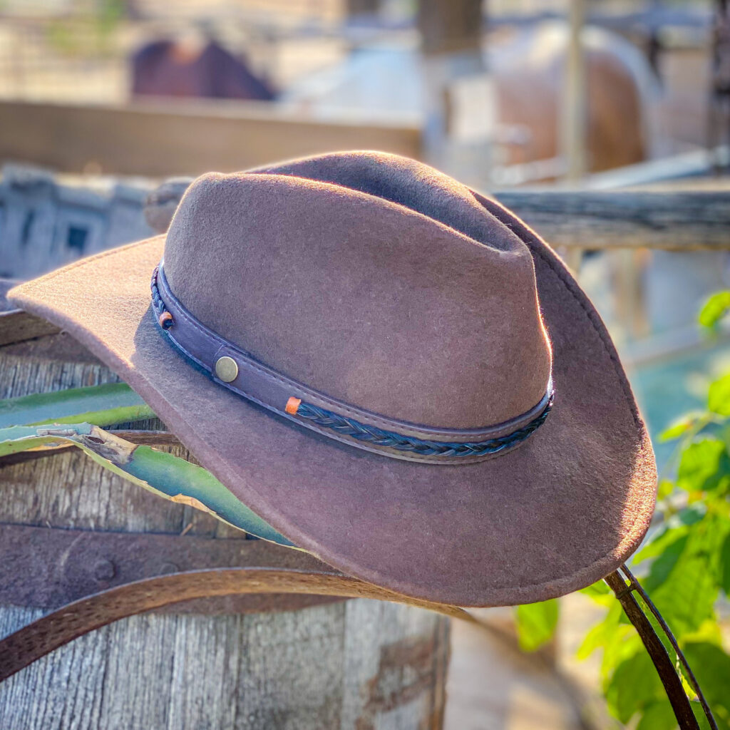 Brown vegan leather horsehair hat band on brown hat